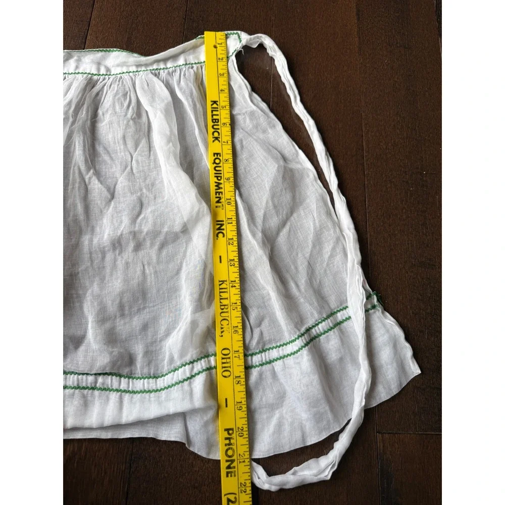 Vintage‎ White Sheer Half Apron Green Ric Rac Trim Front Pocket Retro Kitchen